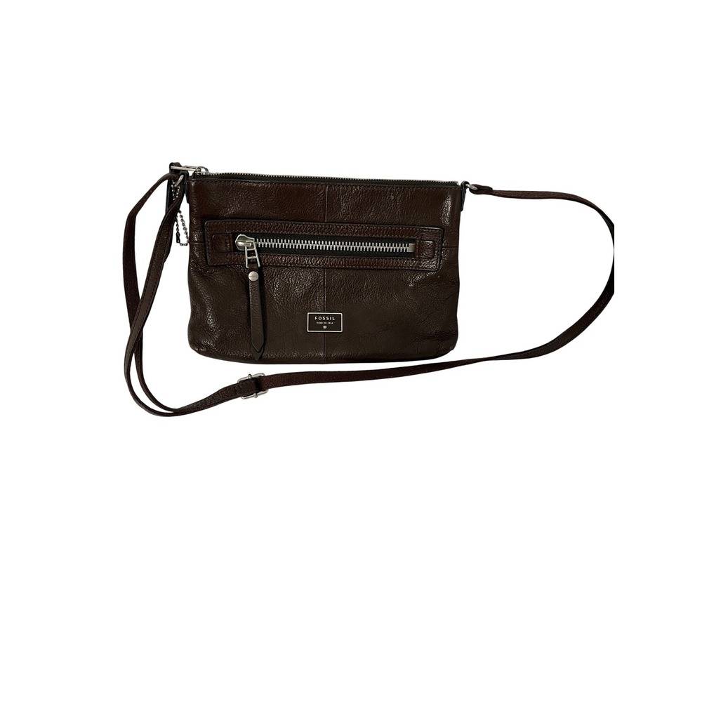 Fossil Crossbody Bag Women OS Dark Brown Pebbled Leather Issue No. 1954 Zip